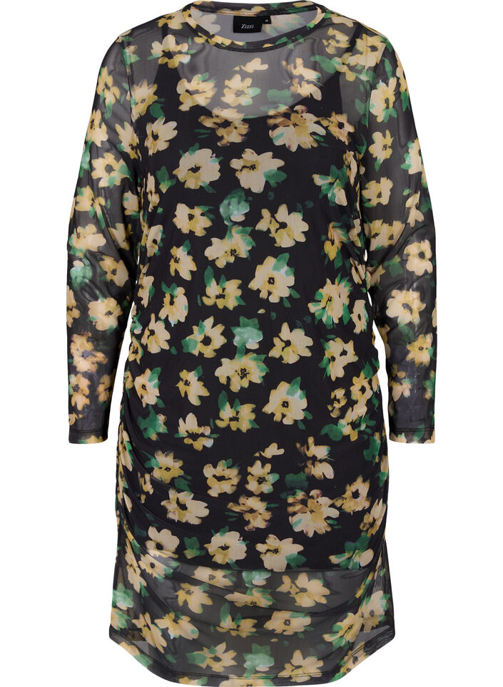 Åtsittande mesh-klänning med 3/4 ärmar, Yellow Green AOP, Packshot image number 0