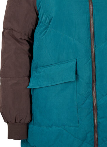 Lång vinterjacka med huva och rutor i olika färger, Deep Teal Comb, Packshot image number 3