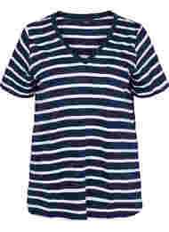 Randig bomulls-t-shirt med v-ringning, Navy B White Stripe