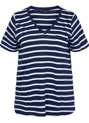 Randig bomulls-t-shirt med v-ringning, Navy B White Stripe, Packshot image number 0
