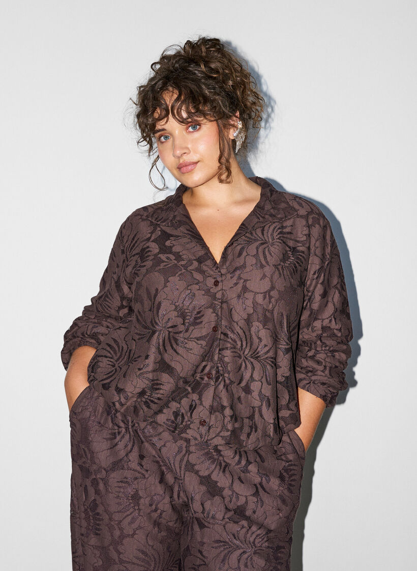 Bomberjacka i blommig jacquard, Brun, Model image number 0
