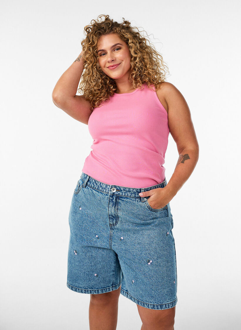 Jeansshorts med h&ouml;g midja och broderade motiv, Bl&aring;, Model image number 0