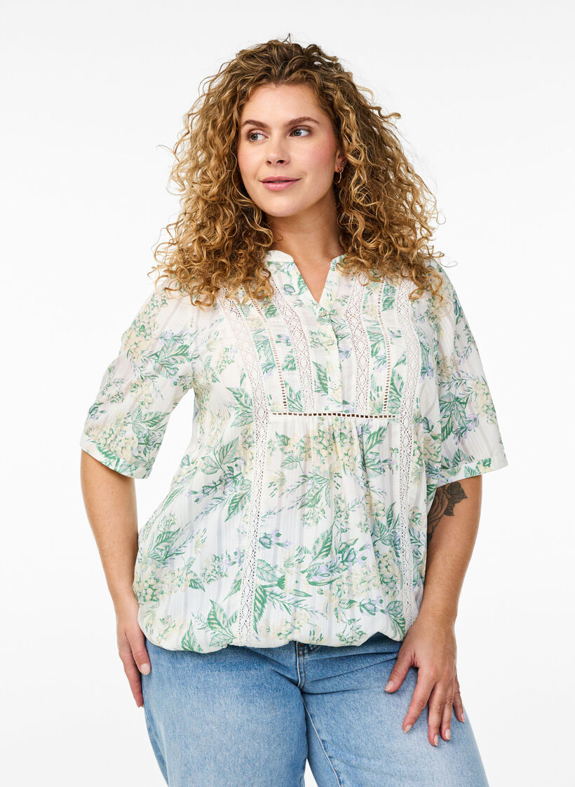 Blus med tryck och halvkorta &auml;rmar, Vit, Model image number 0