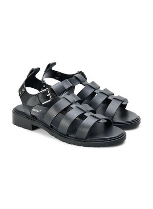 Sandal i läder med bred passform, Black, Packshot image number 1