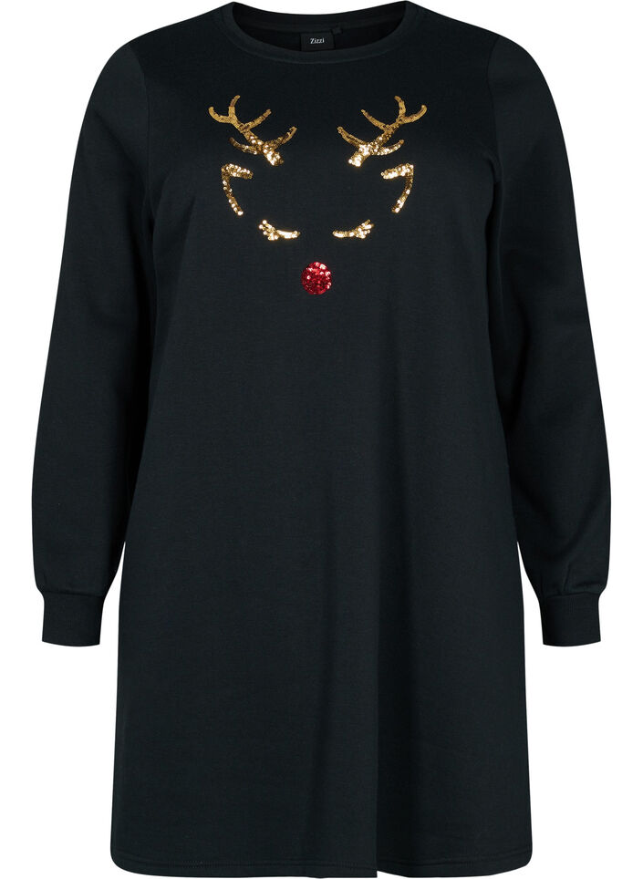 Sweatshirtklänning med julmotiv, Black Reindeer, Packshot image number 0