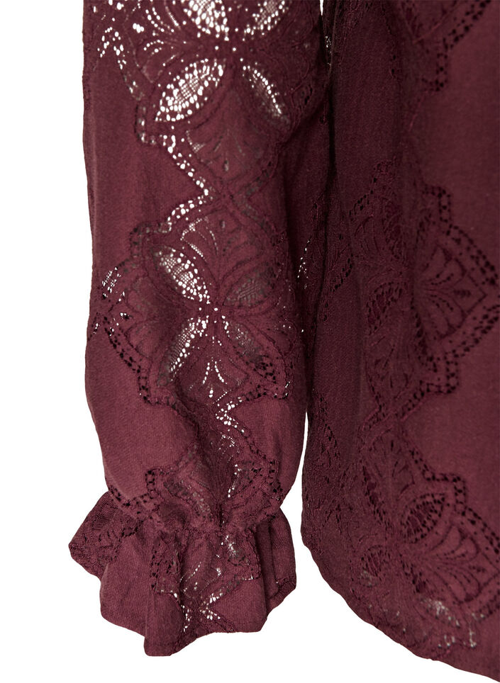L&aring;ng&auml;rmad blus med spetsm&ouml;nster, M&ouml;rk Bordeaux, Packshot image number 3