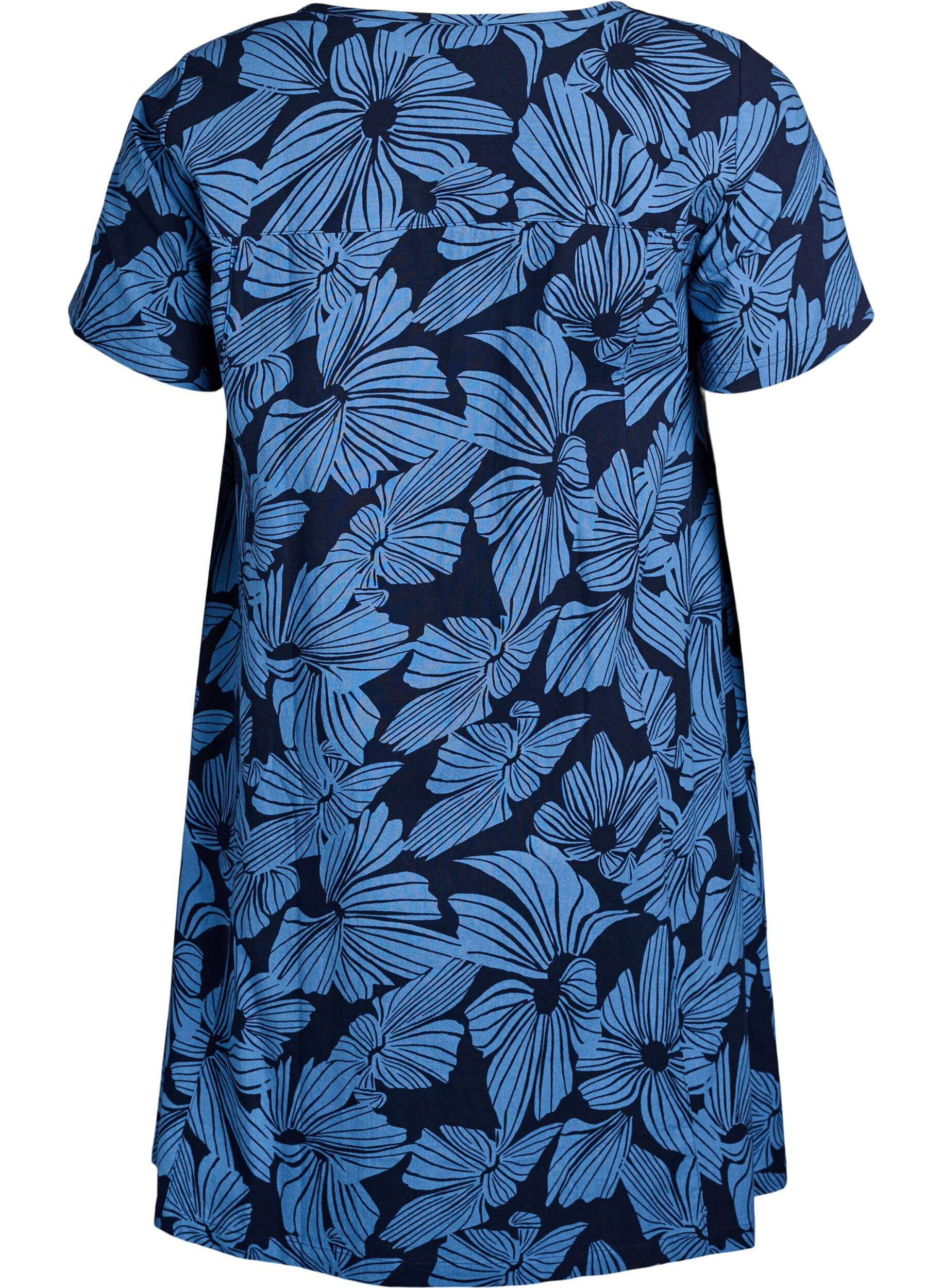 ZizziKort a-linjeformad kl&auml;nning med blomm&ouml;nster, Bl&aring;, Packshot image number 1