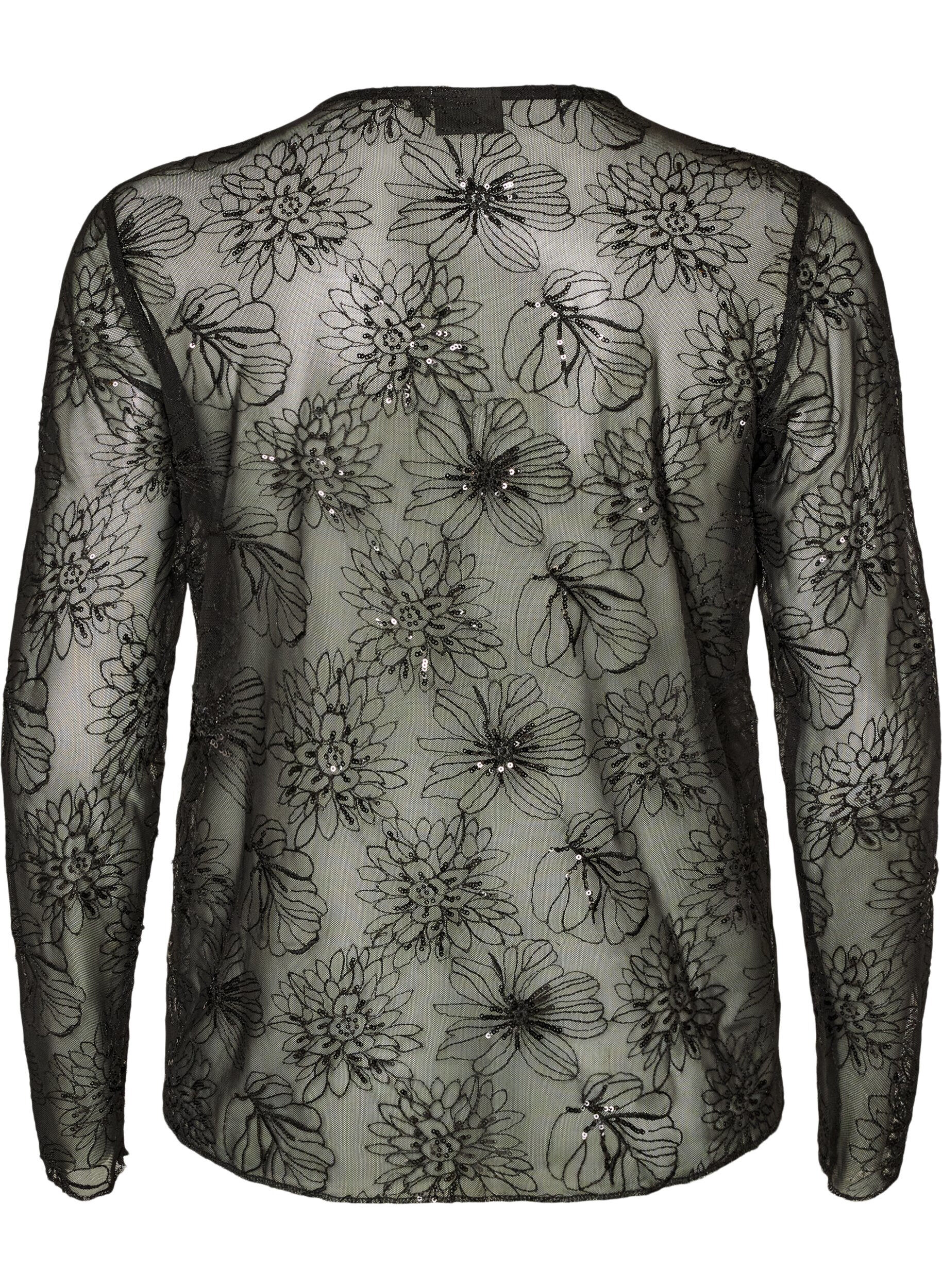 ZizziBlus i mesh med blommor och paljetter, Svart, Packshot image number 1