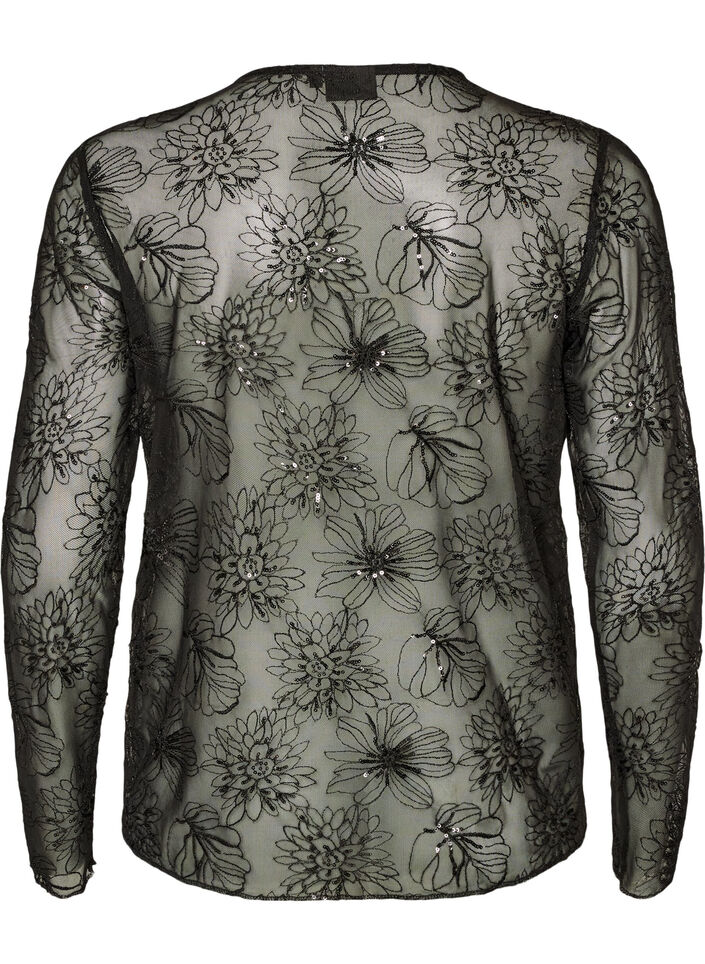 Blus i mesh med blommor och paljetter, Svart, Packshot image number 1