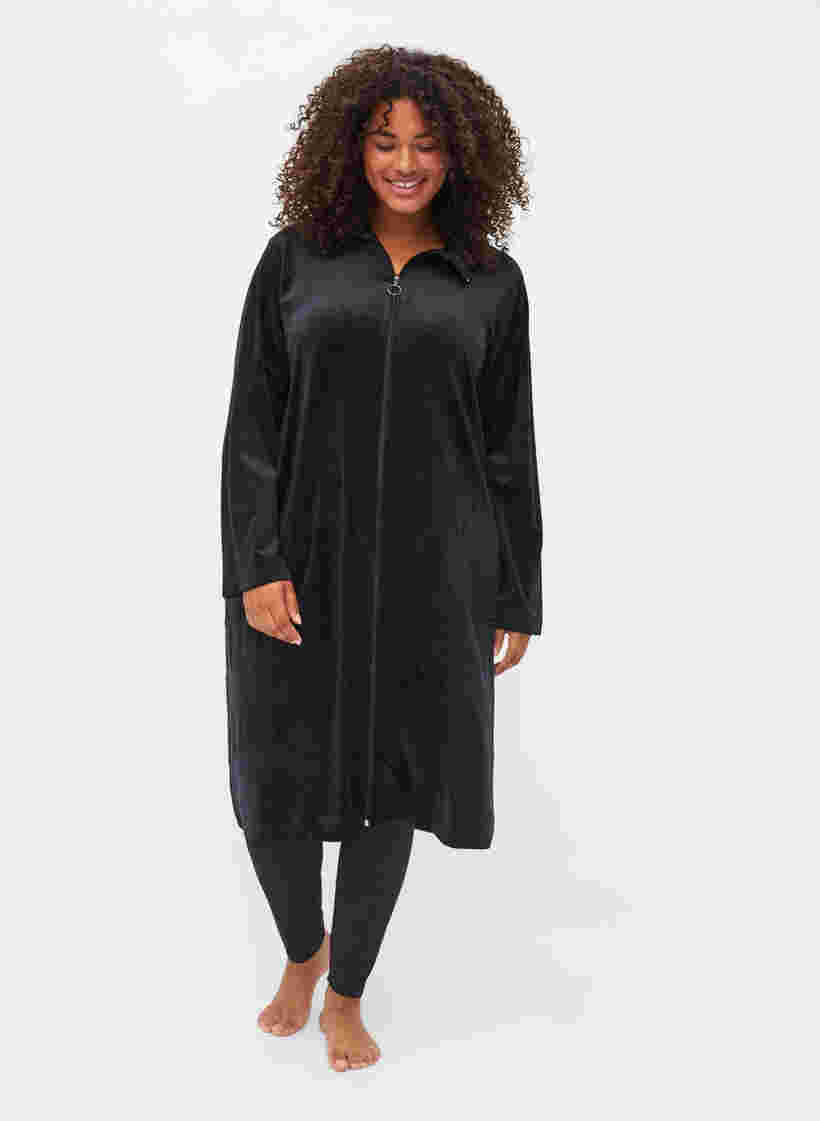 Klänning  i velour med blixtlås och fickor, Black, Model image number 2
