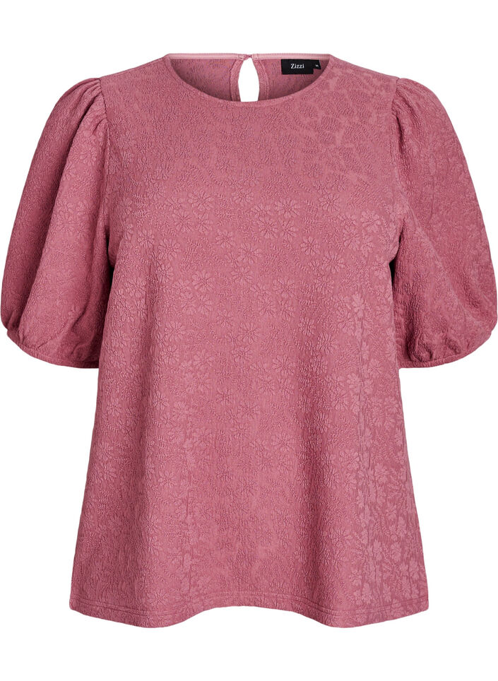 Strukturerad blus med korta &auml;rmar, Rosa, Packshot image number 0