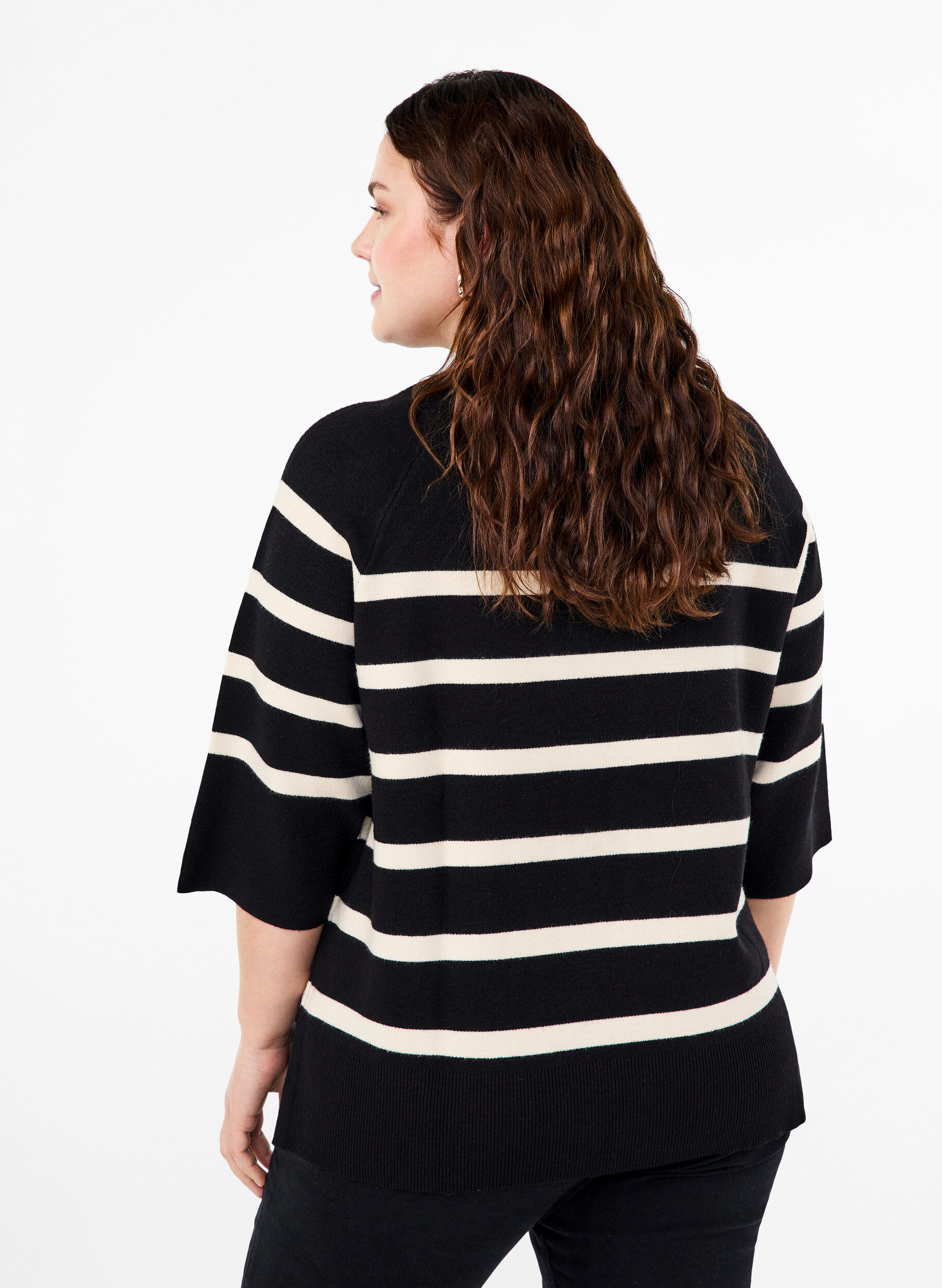 Zizzi Stickad blus med 3/4-&auml;rm och r&auml;nder, Black Birch Stripes, Model image number 1