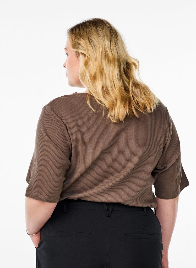 Blus i ribbad jersey med korta &auml;rmar, Brun, Model image number 2