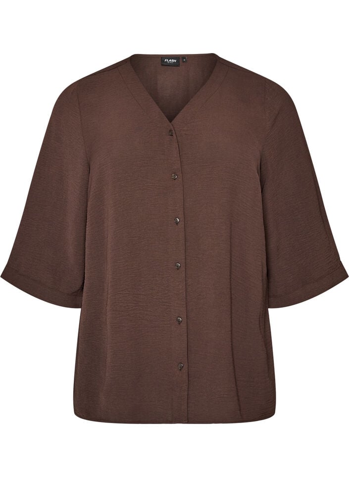 Skjortblus med v-ringning och 3/4-&auml;rm, Brun, Packshot image number 0
