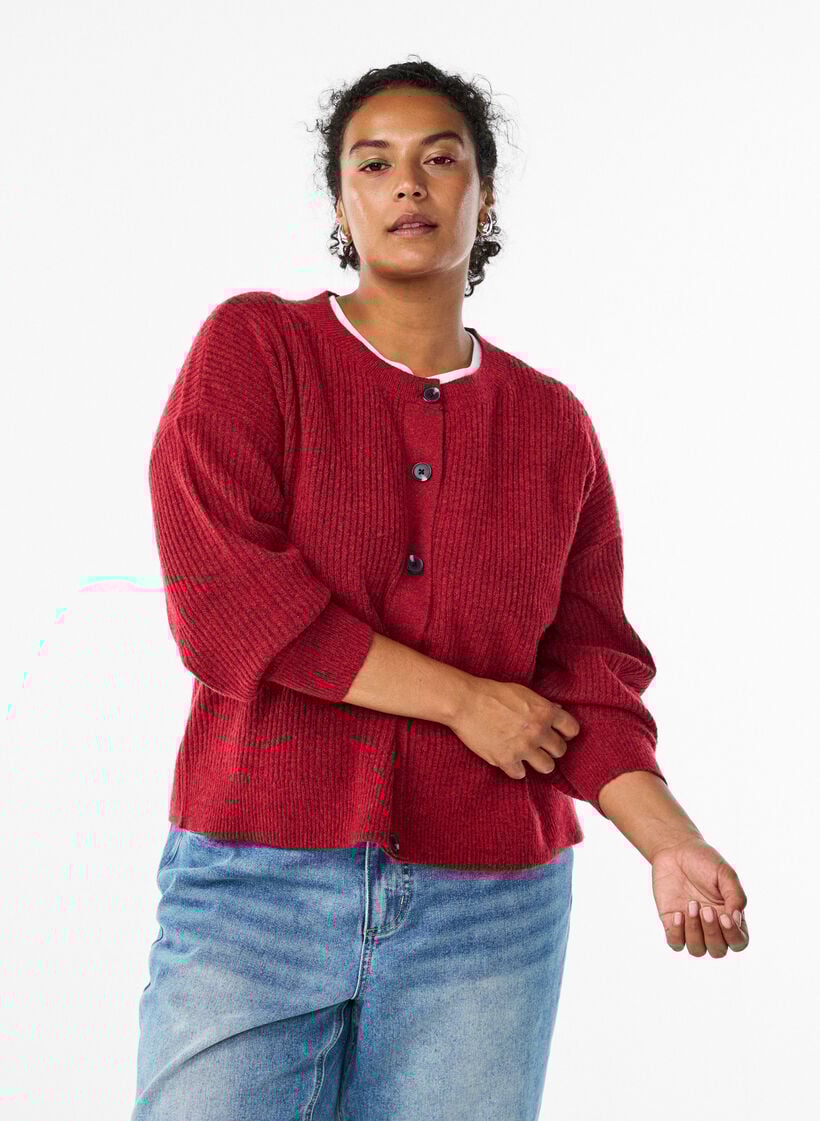 Ribbstickad kofta med knappar, Röd, Model image number 0