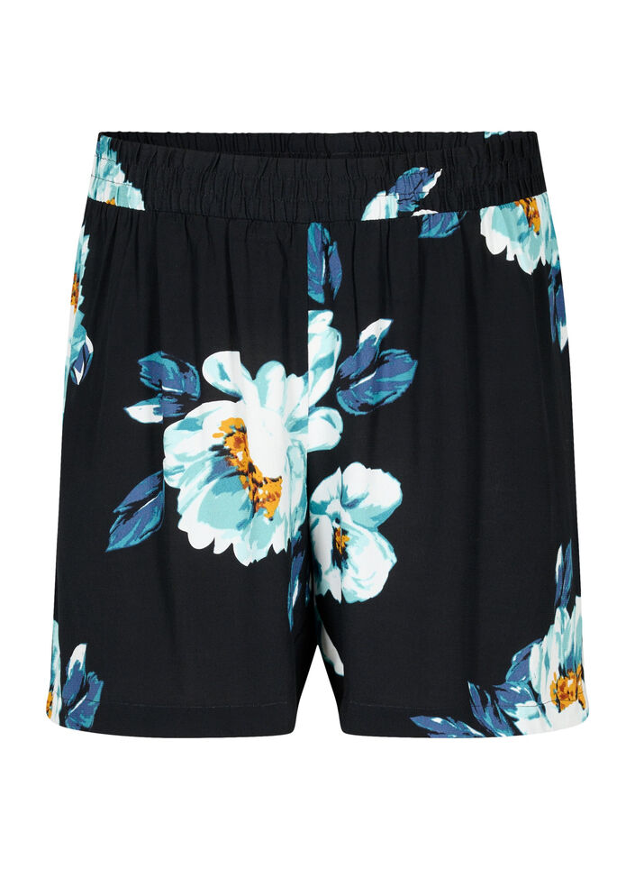 Löst sittande shorts i viskos, Black Big Flower, Packshot image number 0