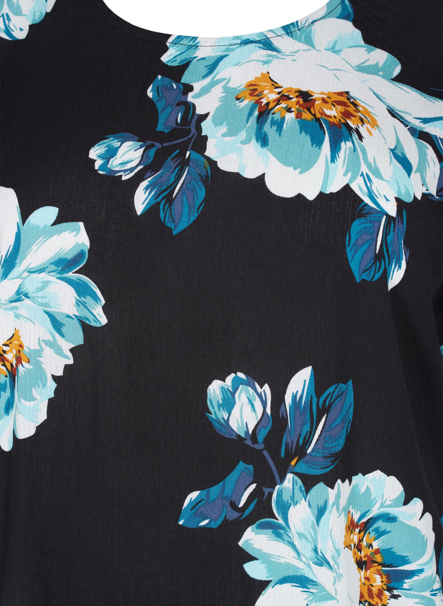 Zizzi Kort&auml;rmad viskosblus med blommigt m&ouml;nster, Black Big Flower, Packshot image number 2