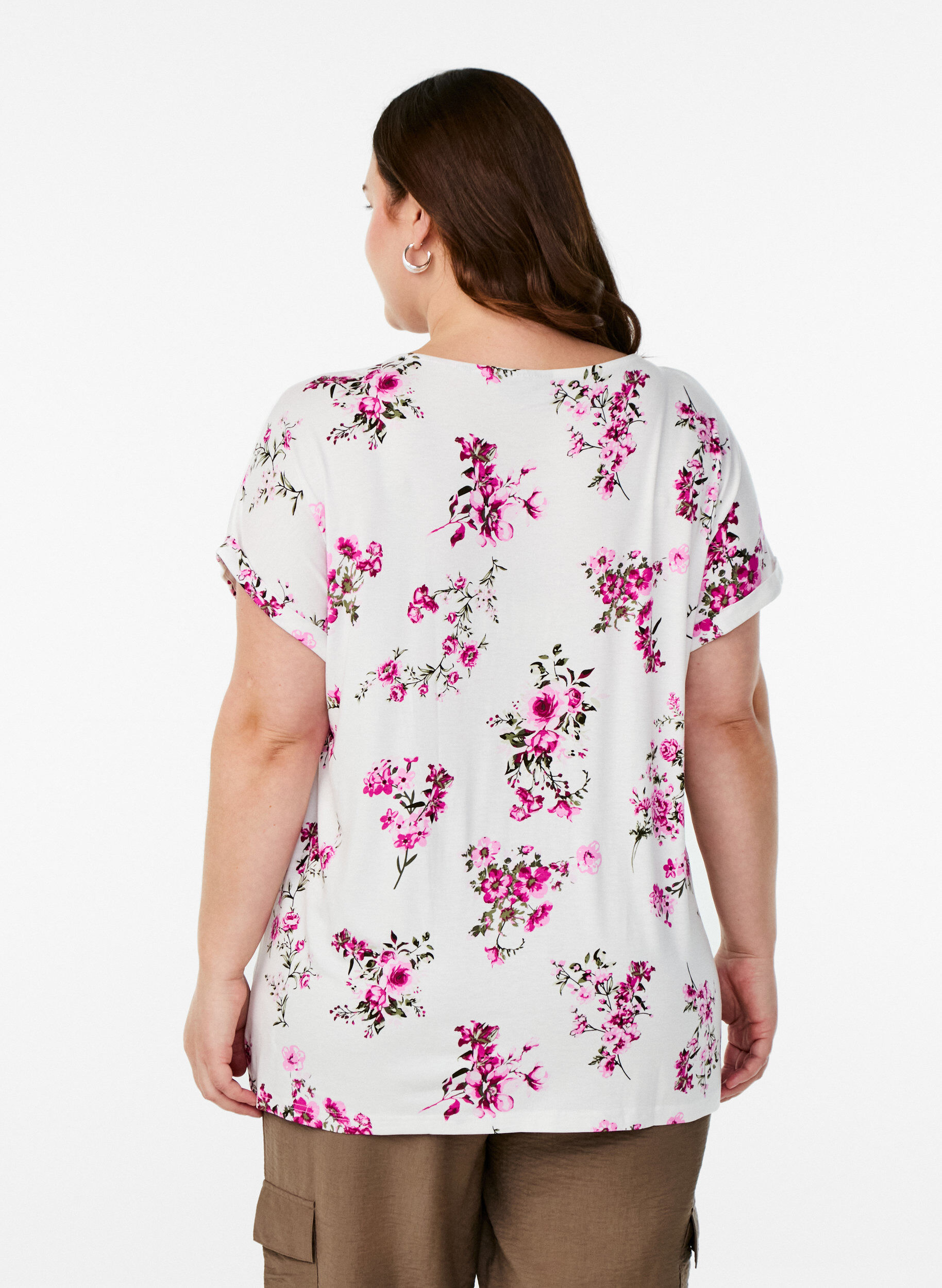 Zizzi T-shirt med blommigt tryck, Rosa, Model image number 2