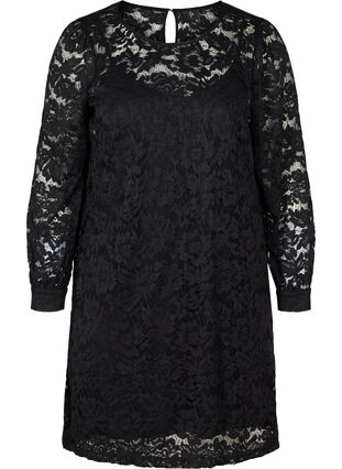 Långärmad spetsklänning med rund hals, Black, Packshot image number 0