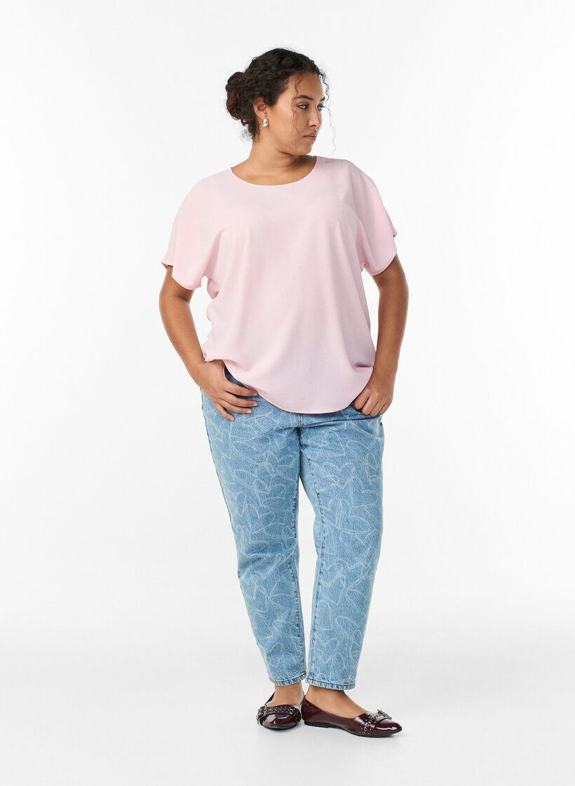 Blus med korta &auml;rmar och rund halsringning, Rosa, Model image number 1