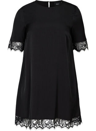 Kortärmad klänning med spetsdetaljer, Black, Packshot image number 0