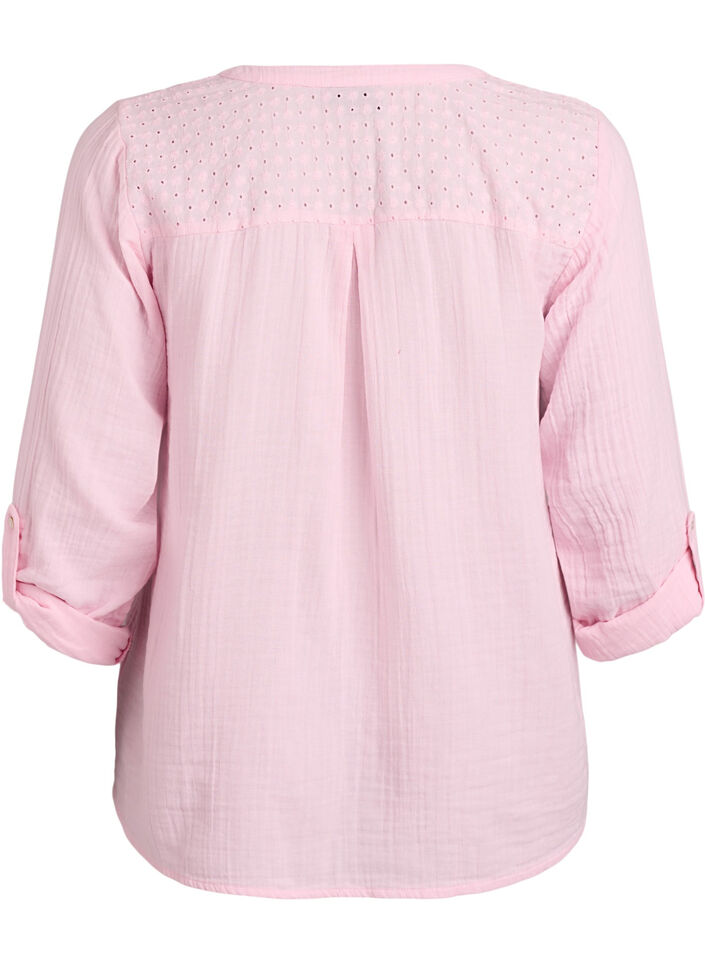 Blus i bomullsmuslin med broderie anglaise, Rosa, Packshot image number 1
