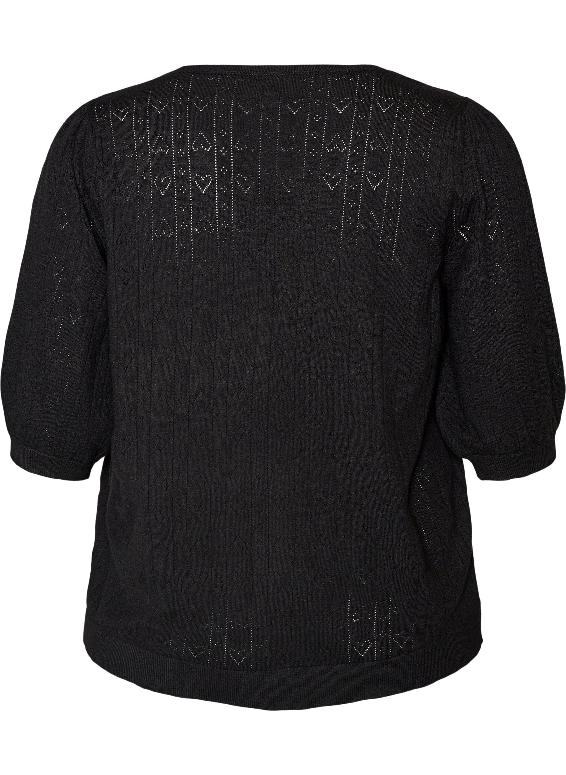 ZizziKort&auml;rmad stickad blus med pointellem&ouml;nster, Svart, Packshot image number 1