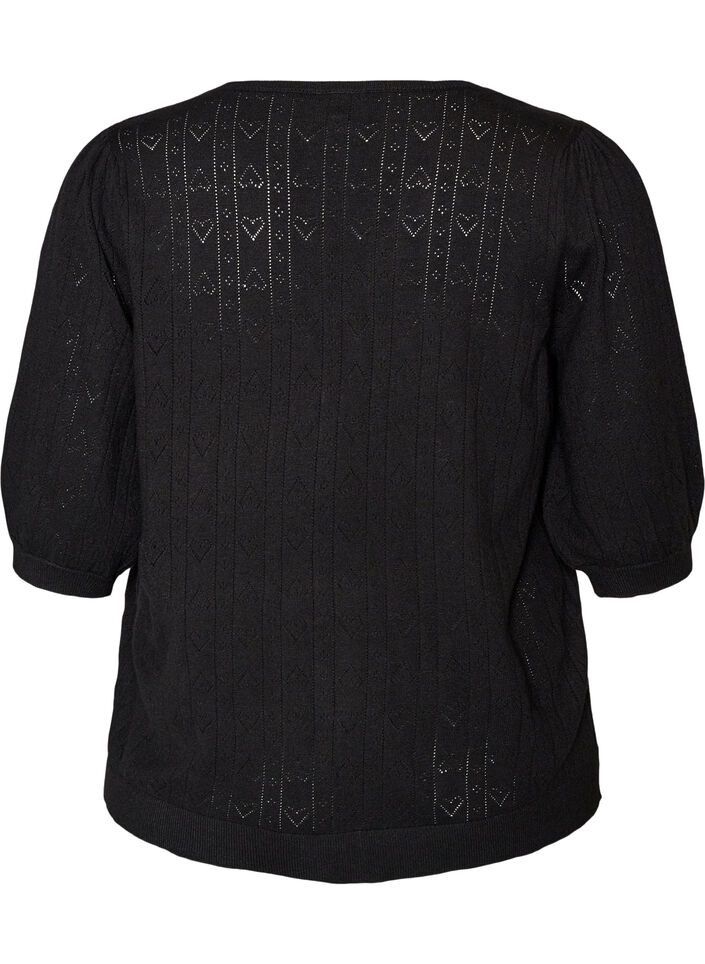 Kort&auml;rmad stickad blus med pointellem&ouml;nster, Svart, Packshot image number 1