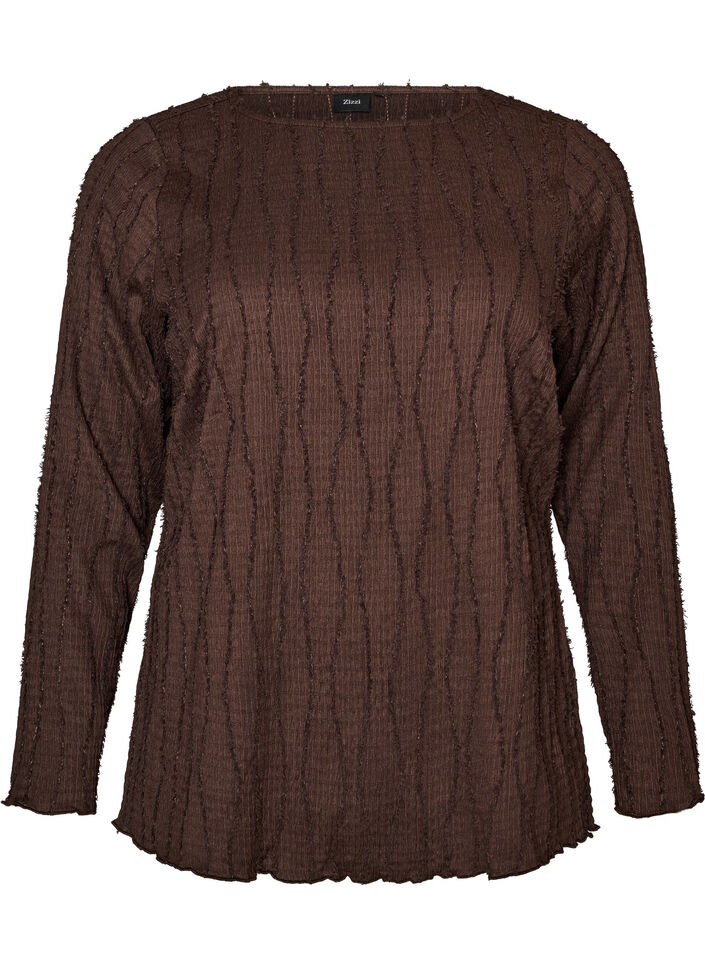 Blus i jersey med v&aring;gig struktur, Brun, Packshot image number 0