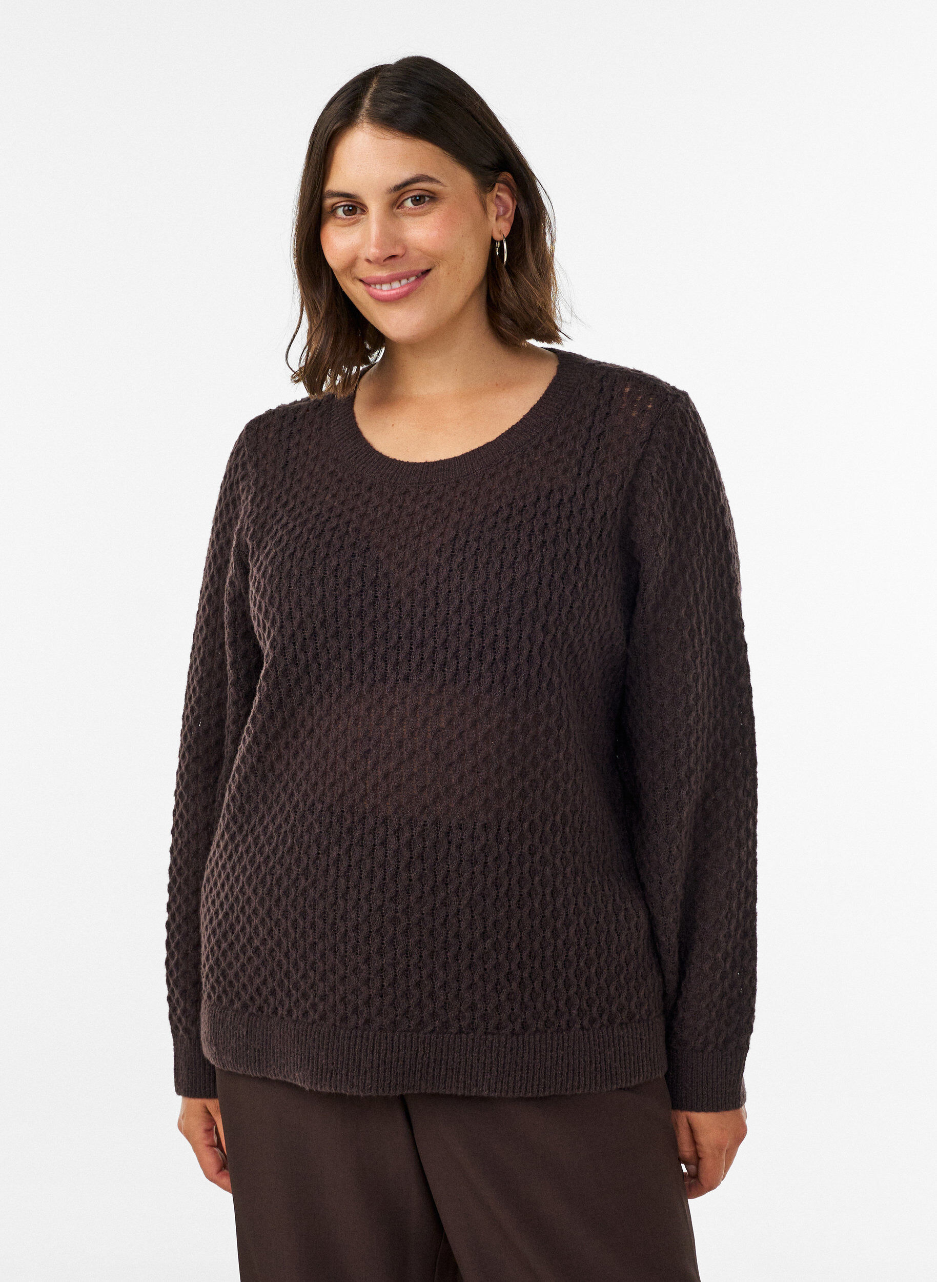 ZizziStickad blus med strukturerat h&aring;lm&ouml;nster, Brun, Model image number 0