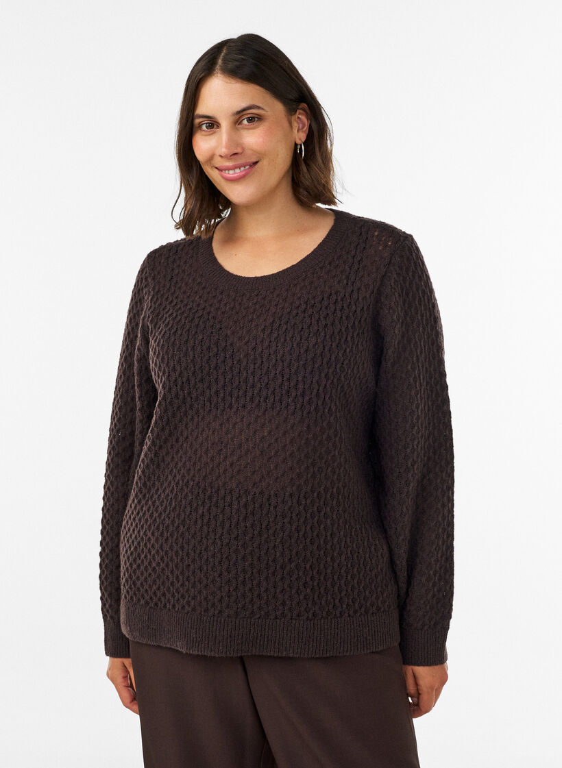 Stickad blus med strukturerat h&aring;lm&ouml;nster, Brun, Model image number 0