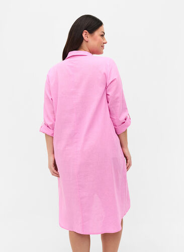 Randig klänning i bomull och linne, Begonia Pink, Model image number 1