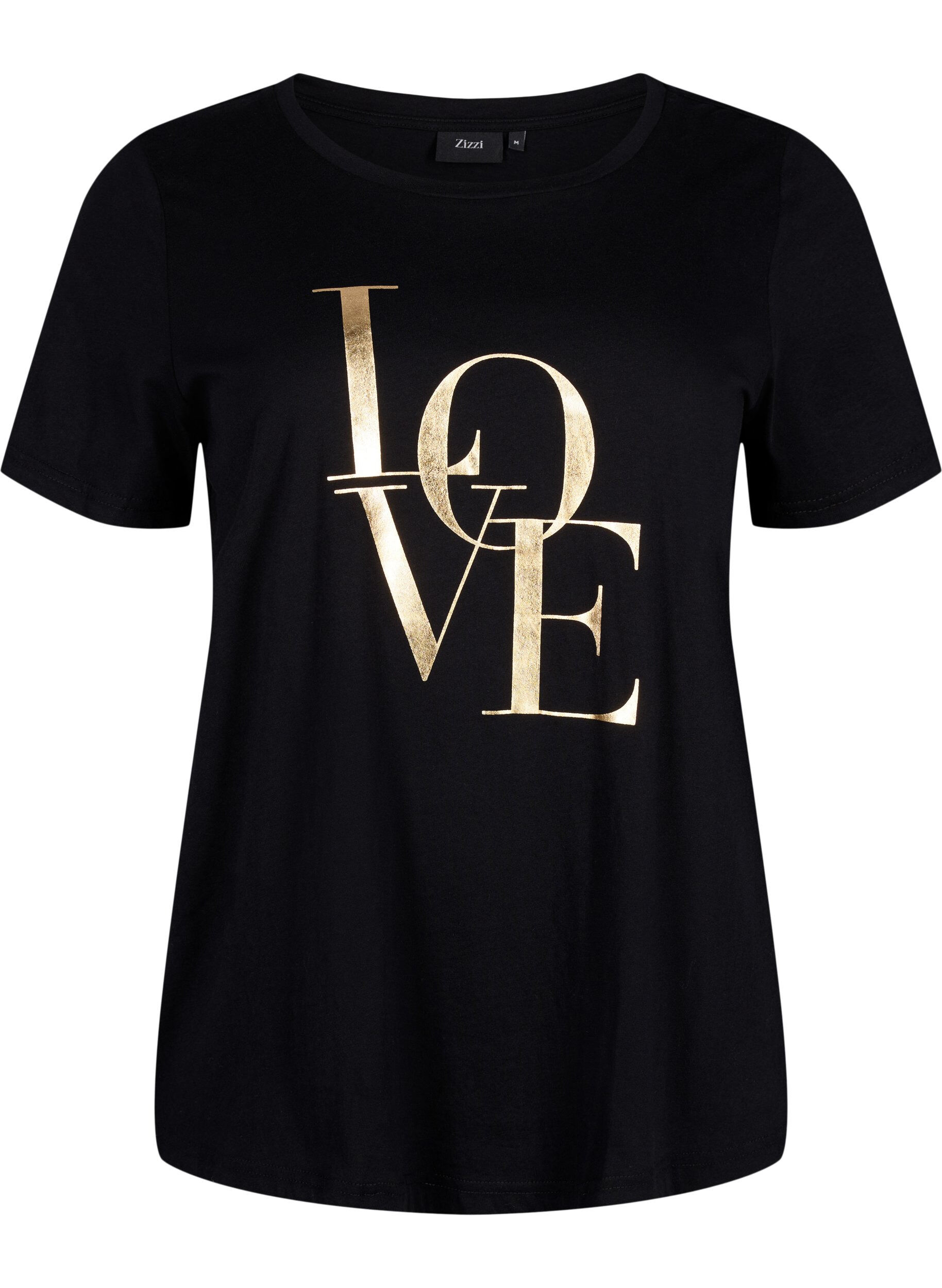 Zizzi T-shirt i bomull med guldf&auml;rgad text, Black w. Gold Love, Packshot image number 0