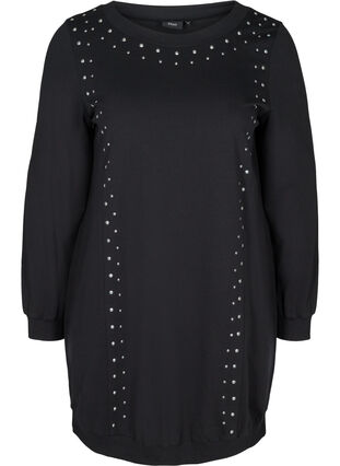 Klänning i sweatshirtmaterial med nitar, Black, Packshot image number 0