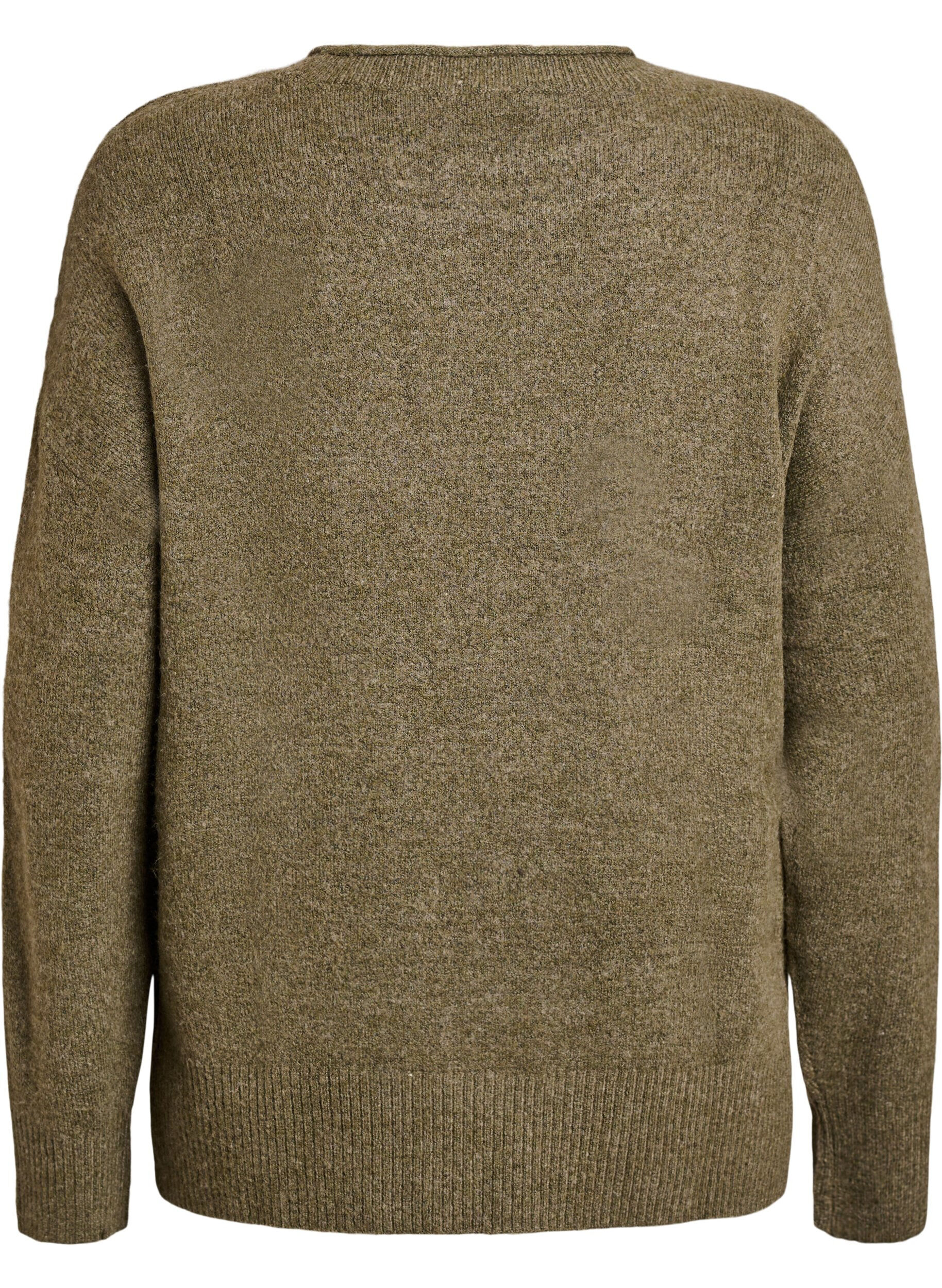 Zizzi Stickad blus med V-format ribbm&ouml;nster och slitsar, Gr&ouml;n, Packshot image number 1