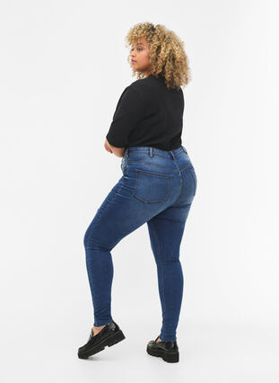 Amy jeans med hög midja och knappar, Blue denim, Model image number 1