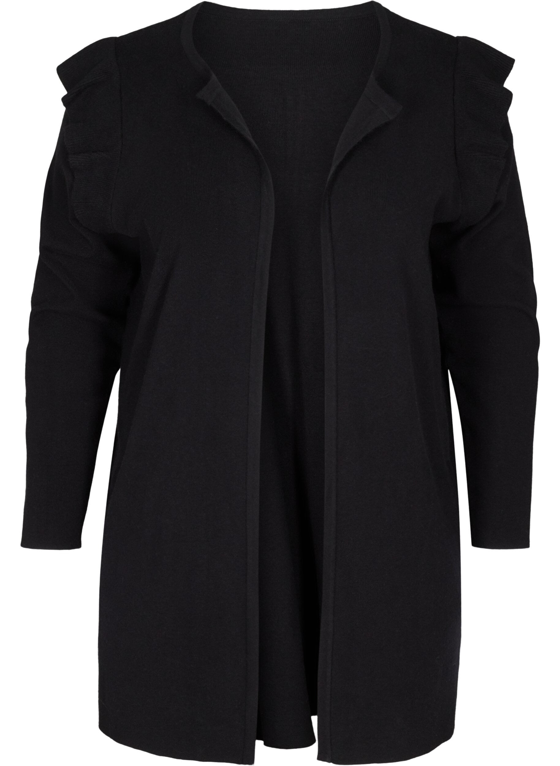 Zizzi Stickad cardigan med volanger och fickor, Black, Packshot image number 0