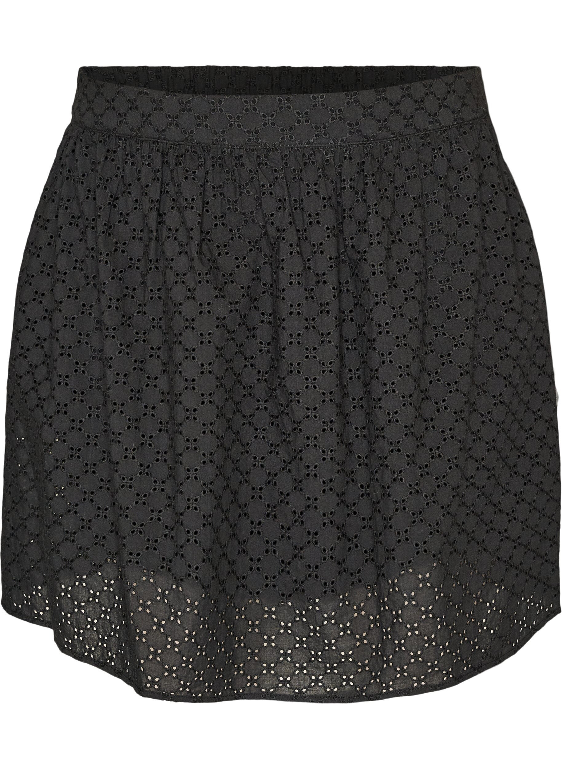 ZizziKort kjol med broderie anglaise och res&aring;r i midjan, Svart, Packshot image number 0
