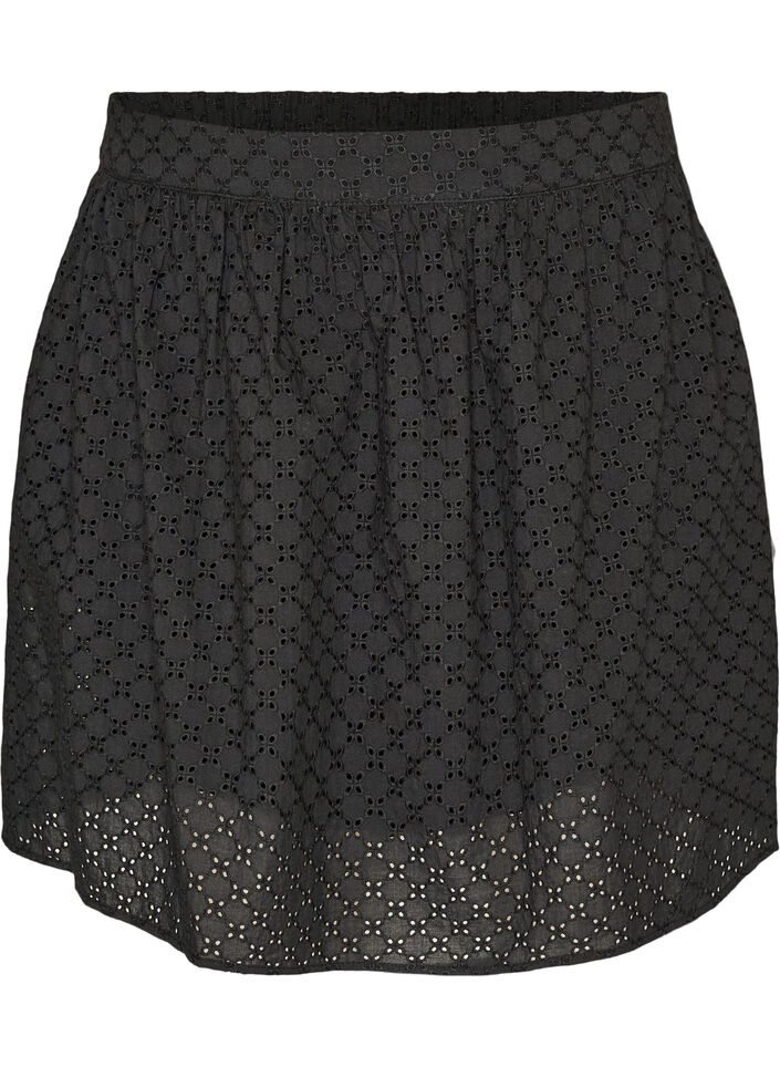 Kort kjol med broderie anglaise och res&aring;r i midjan, Svart, Packshot image number 0