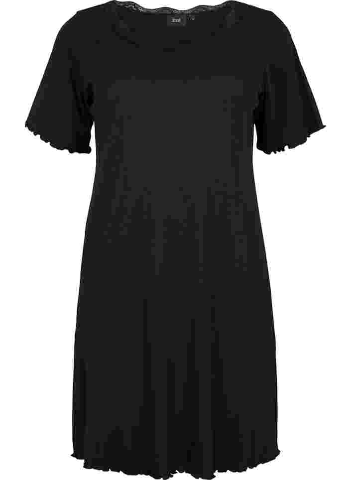 Kortärmad sovklänning med spets, Black, Packshot image number 0