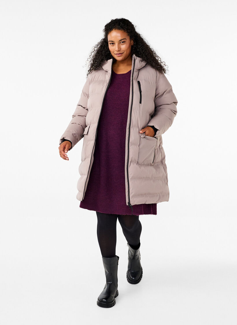 Pufferkappa med huva och fickor, Beige, Model image number 1