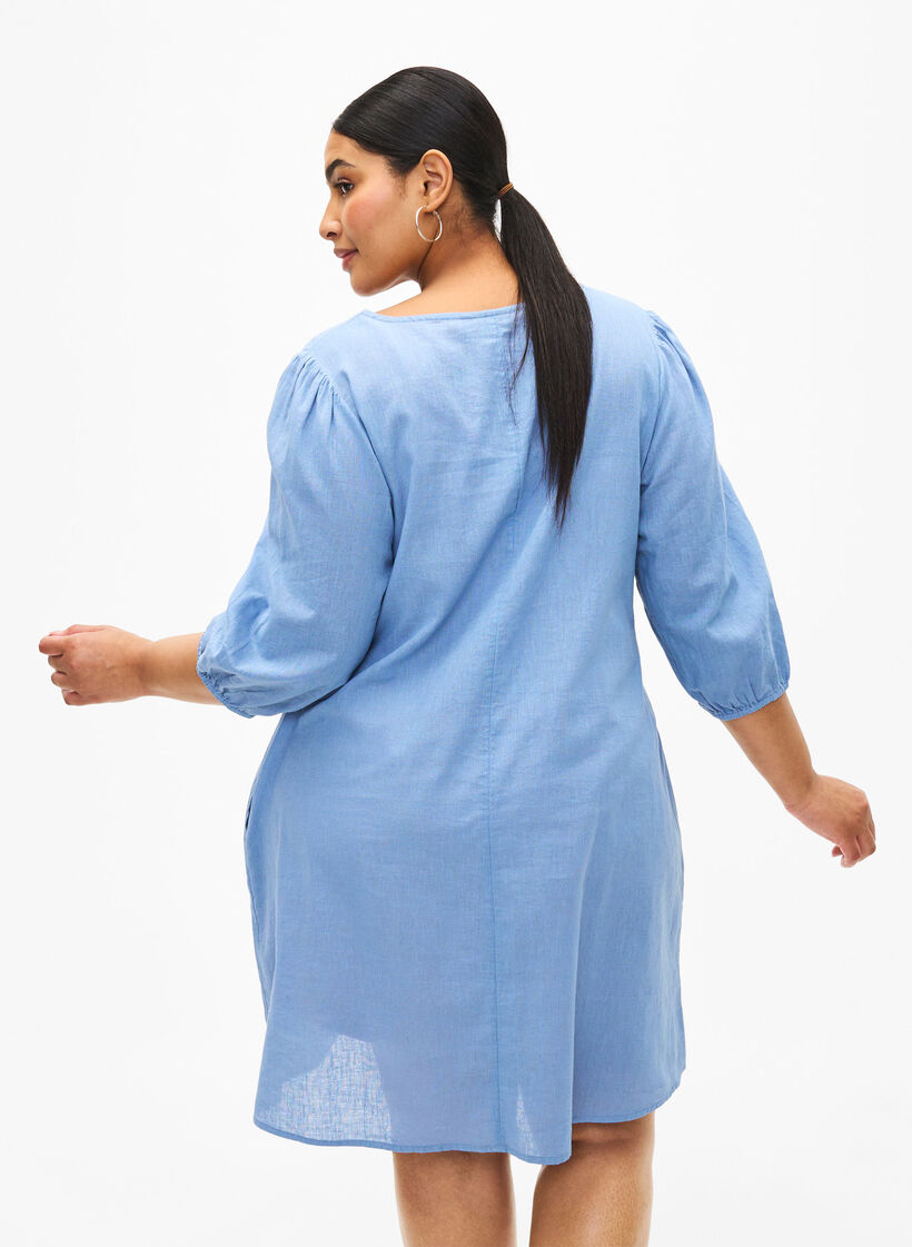Kort klänning i bomullsblandning med linne, Faded Denim, Model image number 1