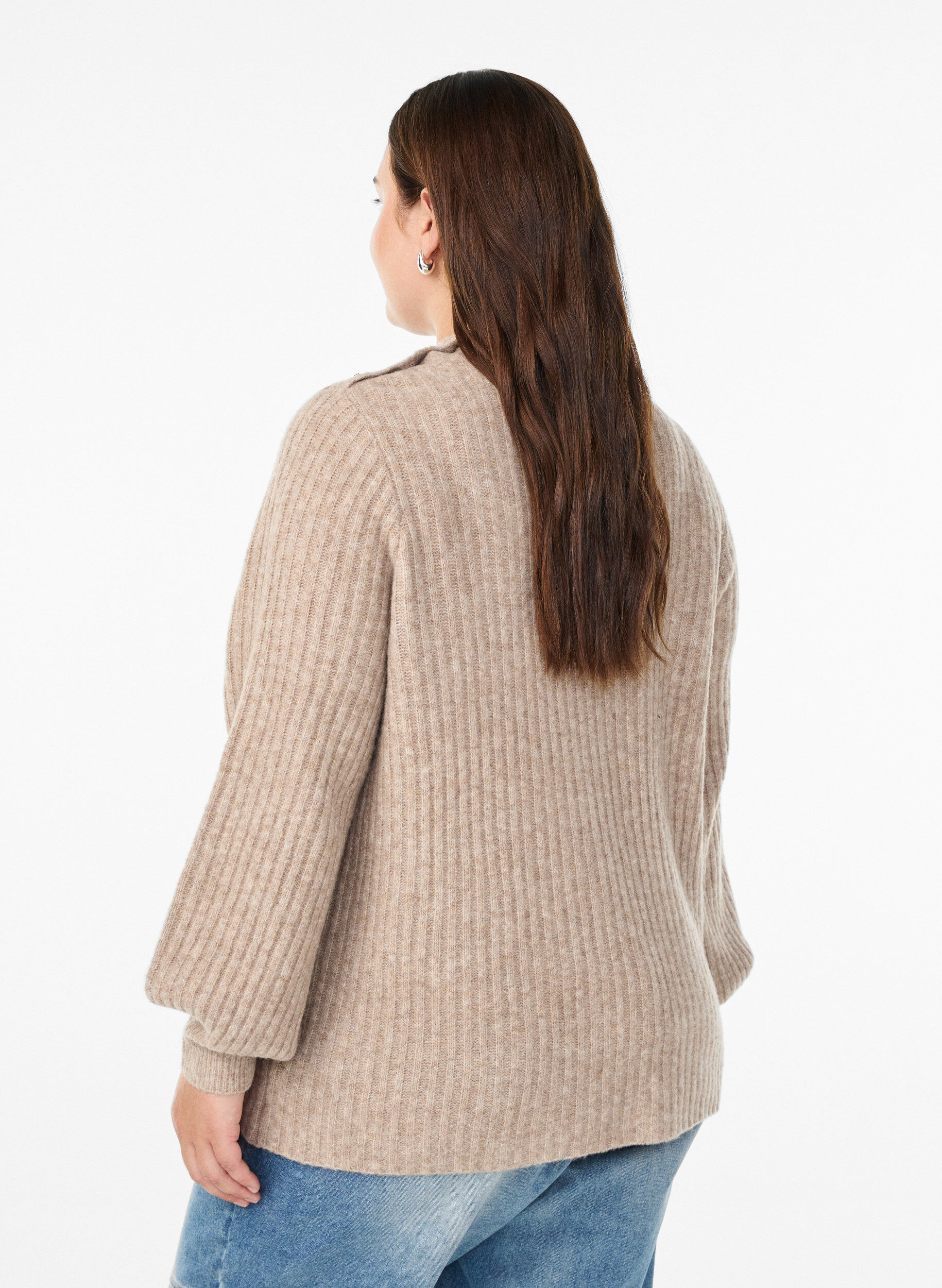 ZizziRibbstickad tr&ouml;ja med puff&auml;rmar och knappar, Beige, Model image number 2