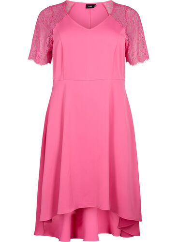 Midiklänning med korta spetsärmar, Shocking Pink, Packshot image number 0