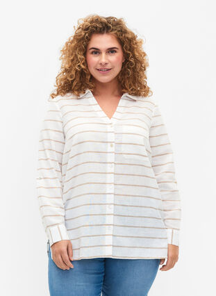 Skjortblus med knäppning i en blandning av bomull och linne, White Taupe Stripe, Model image number 0
