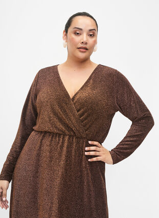 Glitterklänning med omlott och långa ärmar, Black Copper, Model image number 2