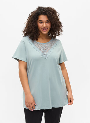 Kortärmad t-shirt med spetsdetaljer, Silver Blue, Model image number 0