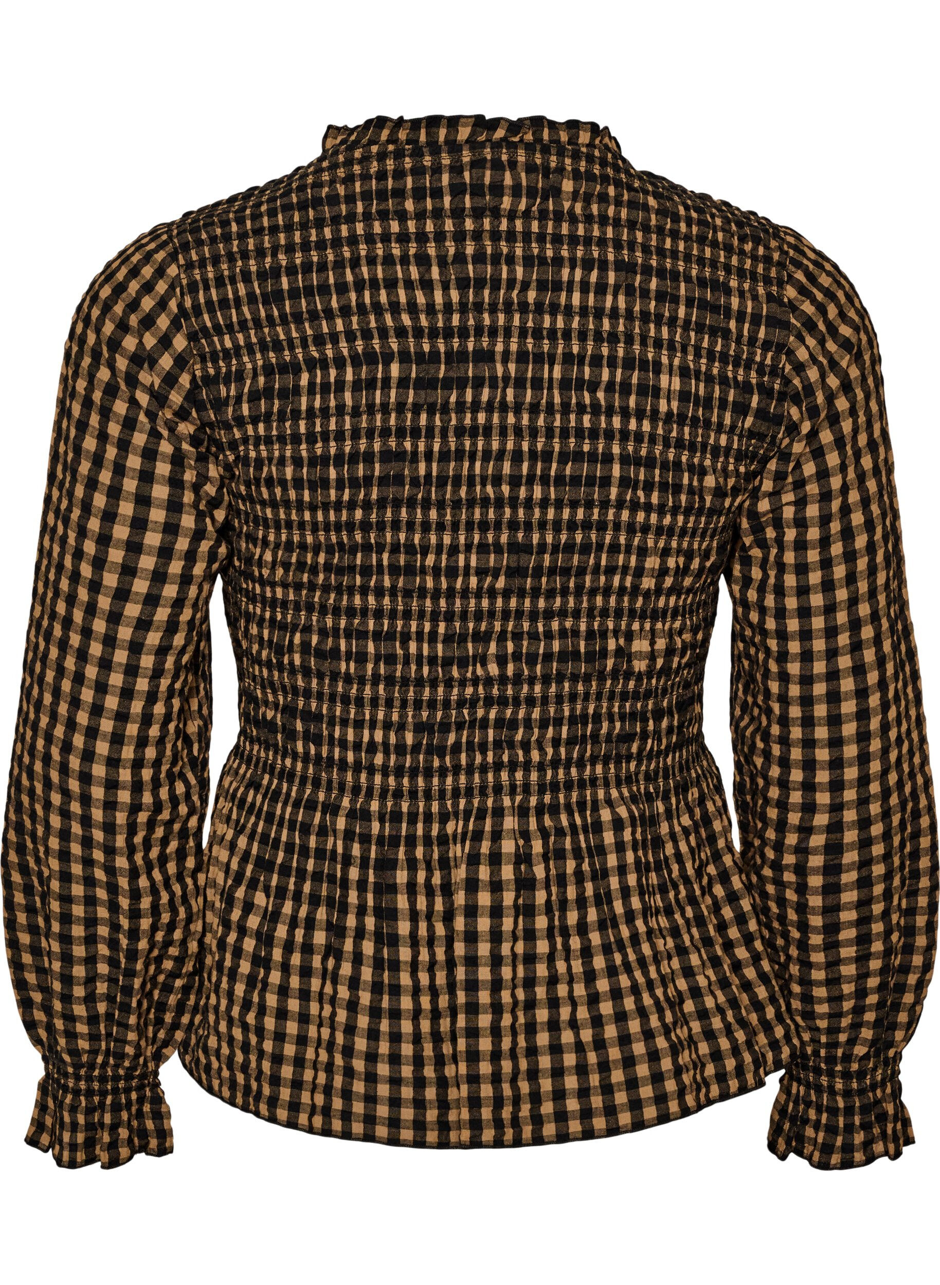 ZizziRutig blus med smock och peplum, Brun, Packshot image number 1