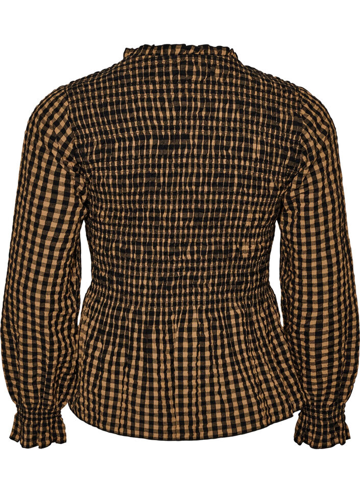 Rutig blus med smock och peplum, Brun, Packshot image number 1