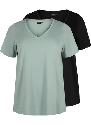T-shirt i 2-pack med v-hals, Chinois Green/Black, Packshot image number 0